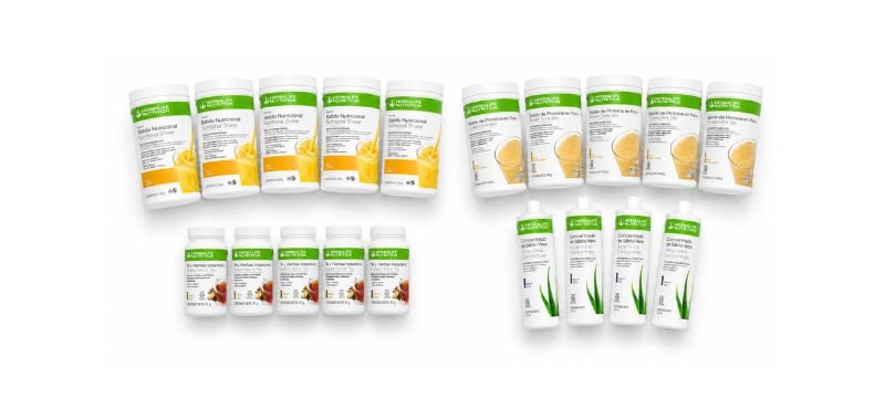 Ejemplo pack nivel Oro Herbalife Chile — Fórmula 1 ×5, PDM ×5, Té Herbal ×5, Aloe Vera ×4