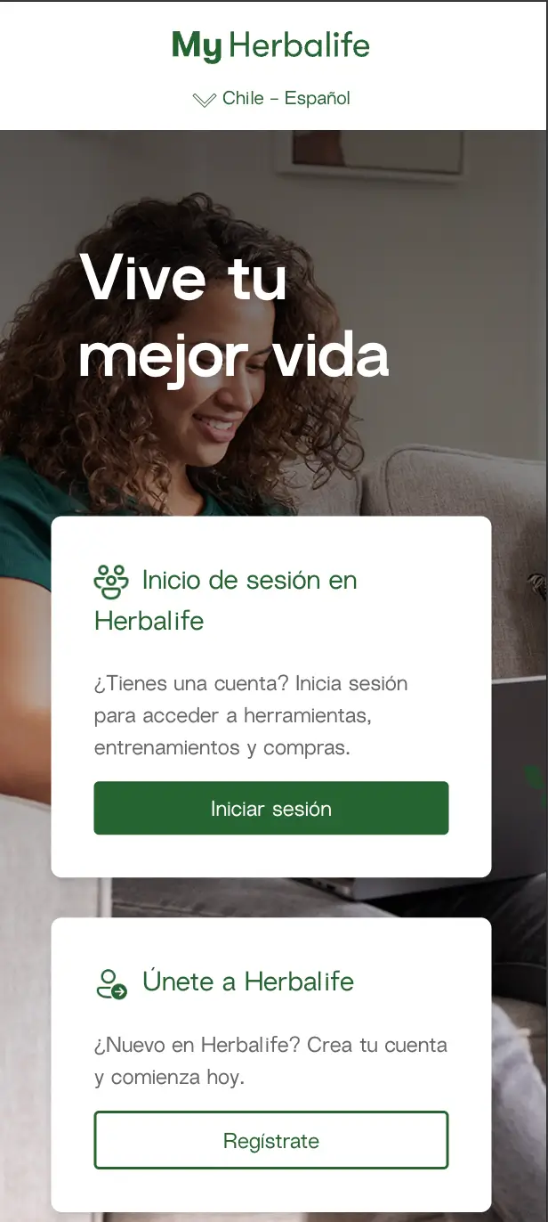 Pantalla de inicio myherbalife.com con opciones Inicia sesión y Regístrate — primer paso para ser Cliente Preferente