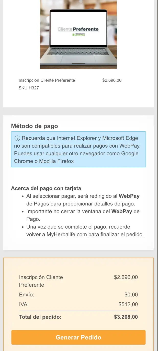 Pantalla de pago membresía Cliente Preferente — $2.696 + $512 IVA = $3.208 total, botón Generar Pedido, aviso Chrome o Firefox