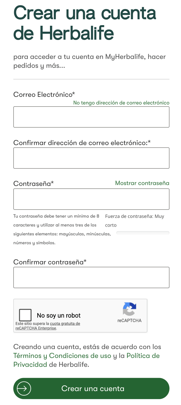 Formulario de creación de cuenta MyHerbalife — campos correo electrónico, contraseña y verificación reCAPTCHA