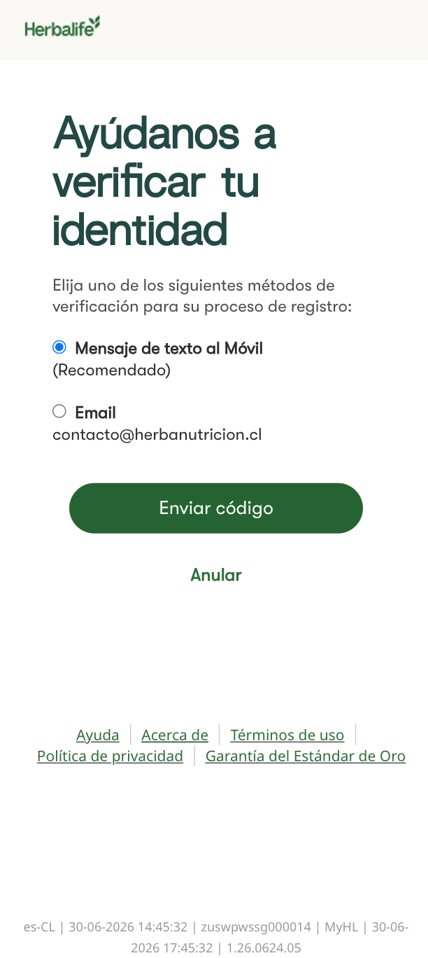 Pantalla verificación de identidad MyHerbalife — opción Mensaje de texto al Móvil para recibir código de 6 dígitos