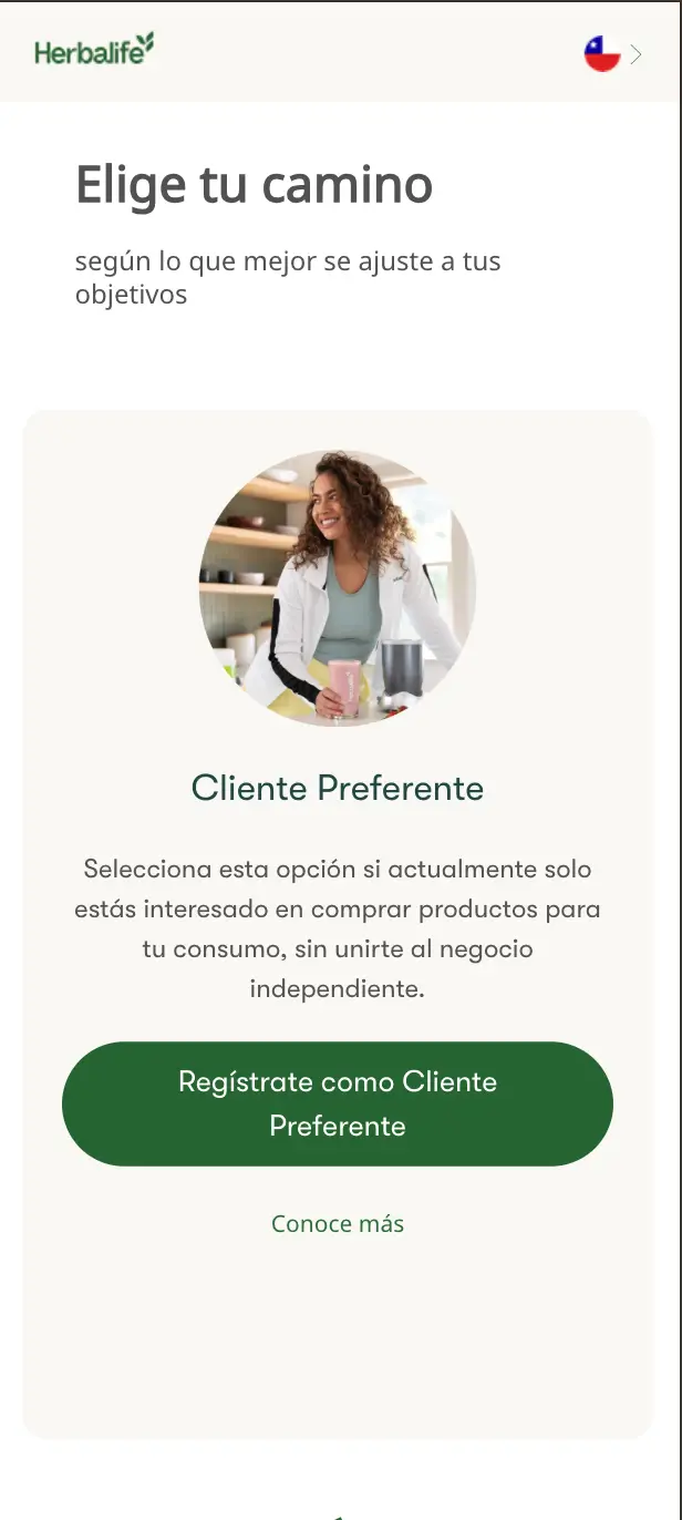 Pantalla Elige tu camino en MyHerbalife — opción Regístrate como Cliente Preferente seleccionada
