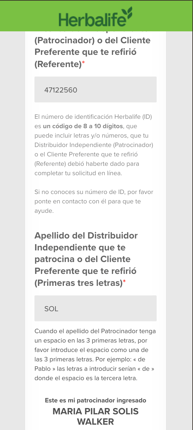 Campo ID patrocinador con 47122560 ingresado y apellido SOL — confirma patrocinador MARIA PILAR SOLIS WALKER