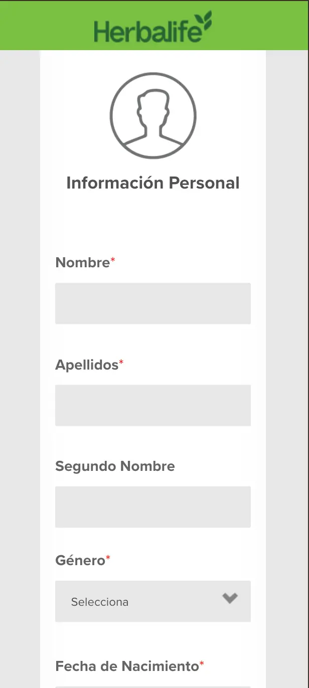 Formulario Información Personal Herbalife — campos nombre, apellidos, género y fecha de nacimiento
