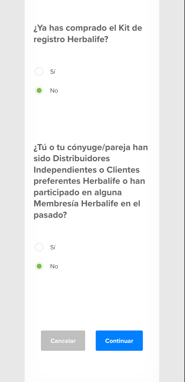 Preguntas de antecedentes Herbalife — ¿ya compraste kit? y ¿fuiste distribuidor o CP antes? ambas con No seleccionado
