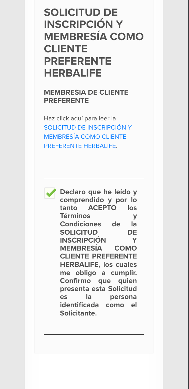 Solicitud de Inscripción y Membresía como Cliente Preferente Herbalife con casilla de aceptación marcada