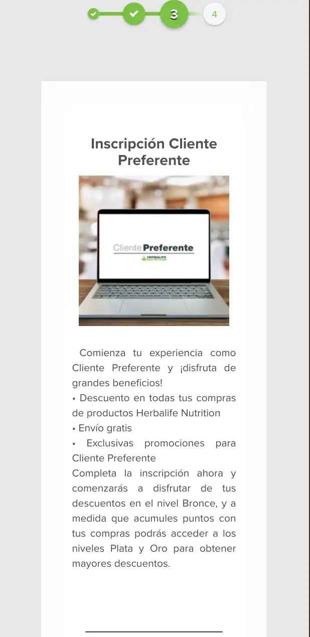 Pantalla Inscripción Cliente Preferente mostrando beneficios — descuento en compras, envío gratis, promociones exclusivas y nivel Bronce de inicio